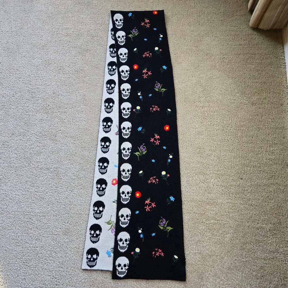 Skull Cashmere Embroidered Wool/Cashmere Scarf Skulls and Flowers